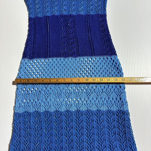 Knit Mix Crochet Open Knit See Thru Maxi Dress Size L Blue Stripe Beach Festival - Picture 13 of 14